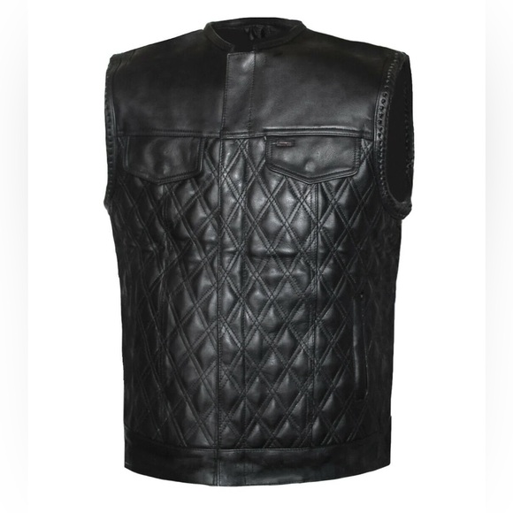 MEN PADDED HUNT CLUB STYLE BLACK STITCHED MOTORCYCLE CONCEAL CARRY LEATHER VEST - Picture 7 of 7